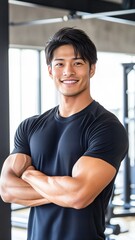日本人 男性 アジア人 ムキムキ 筋肉 パーソナル トレーナー スマイル ジム バストショット 黒 灰色 白 背景