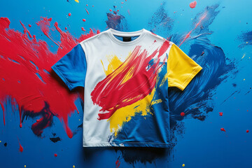 White t-shirt featuring vibrant brushstrokes of red, yellow, and blue paint, lying on a blue background also splattered with paint