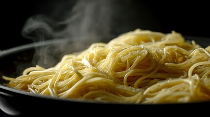 Hot, steaming spaghetti in a pan.