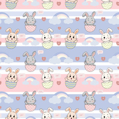 Seamless pattern of cute rabbits in delicate pastel colors
