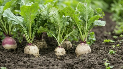 Create 10 prompts for stock photos related to Young sugar beet plants grow in cultivated agricultural field with 150-200 characters and ending with