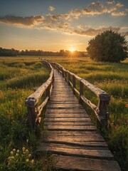 Fototapeta premium Wooden boardwalk winds through lush meadow, bathed in warm golden glow of sunset. Wildflowers, tall grasses flank path, inviting exploration. Shadows lengthen as sun nears horizon.