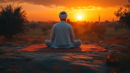 Tranquility at Sunset: A Man Meditates in Serene Landscape