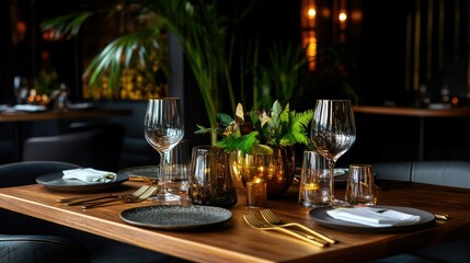 Sophisticated fine dining presentation with golden cutlery, glassware, and elegant dishware
