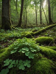 Amidst lush forest, dew-kissed clover thrives on mossy floor. Soft light filters through canopy, illuminating verdant scene. Moss-covered tree trunks rise.