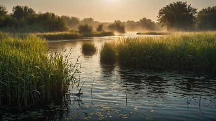 Fototapeta premium Serene river scene at sunrise, sunset, with sun low on horizon casting warm glow over water. Tall green reeds line riverbanks, gentle mist hovers above waters surface.