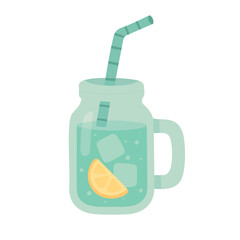 Vector cartoon mason jar with fresh lemonade, ice cubes, straw and lemon slice.