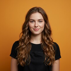 Fototapeta premium Beautiful young woman with curly brown hair smiling at the camera
