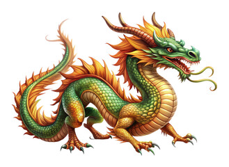 Obraz premium Majestic green and orange dragon with scales and horns in detailed illustration on Transparent Background