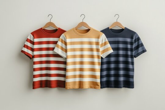 Three colorful striped t-shirts hanging on wooden hangers against a white wall, showcasing a minimalist fashion concept
