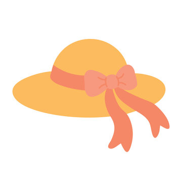 Cute yellow straw hat with pink ribbon and bow in flat cartoon summer style illustration.