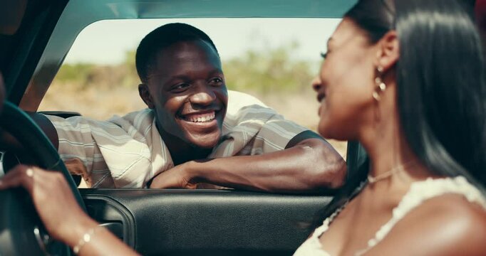 Travel, road trip and happy couple in conversation by car window for holiday destination, vacation or journey. Love, man and woman talking in vehicle for transport, laugh and interracial relationship