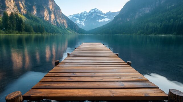 A wooden pier sits in front of a lake with mountains in the background - Powered by Adobe
