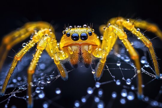 Vibrant yellow spider on a dew-laden web