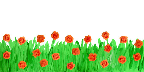 Like kids hand painting acrylic, oil, gouache blooming orange flower lawn. Summer meadow grass plant. Doodle artistic background, banner, border, brush stroke impasto vector texture thick painting