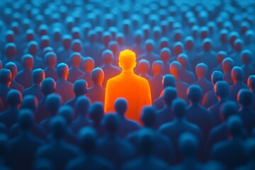 Businessman glowing and standing out from anonymous crowd of business people, leadership and individuality concept