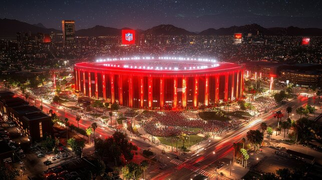 Night view of Allegiant Stadium in Las Vegas, Nevada, illuminated in red, surrounded by city lights and mountains