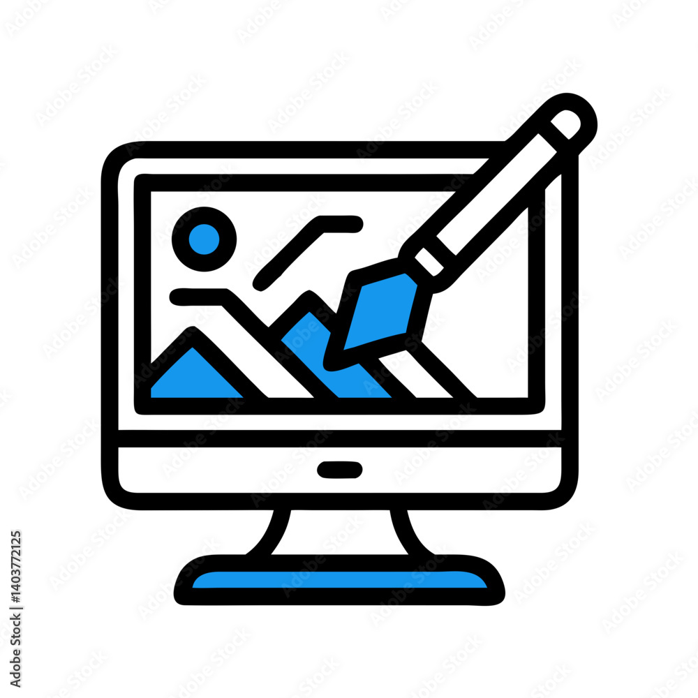 Poster Monitor with Image and Brush Icon Representing Graphic Editing and Digital Art Creation