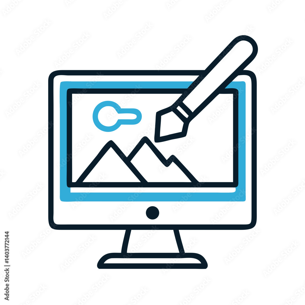 Poster Monitor with Image and Brush Icon Representing Graphic Editing and Digital Art Creation