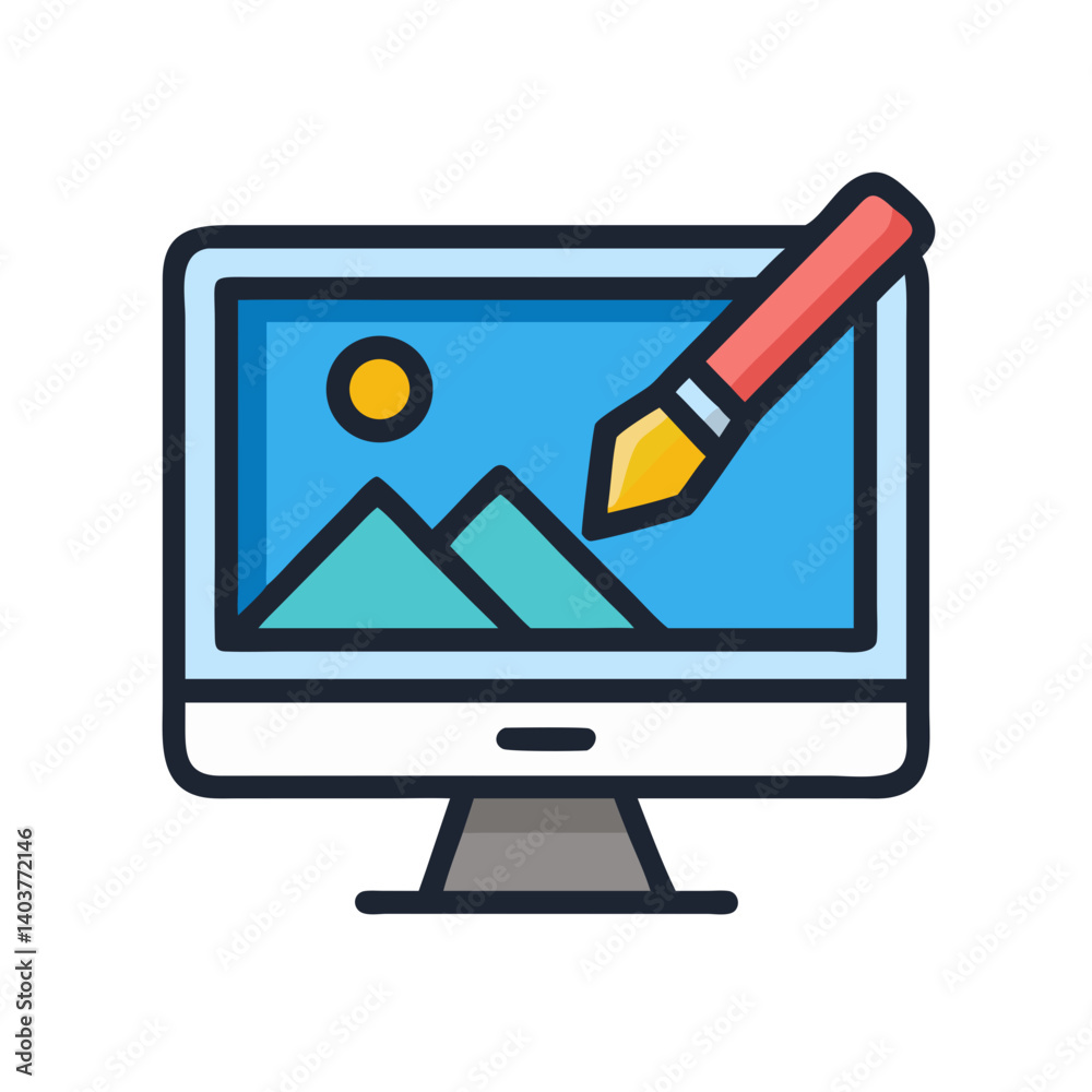 Poster Monitor with Image and Brush Icon Representing Graphic Editing and Digital Art Creation