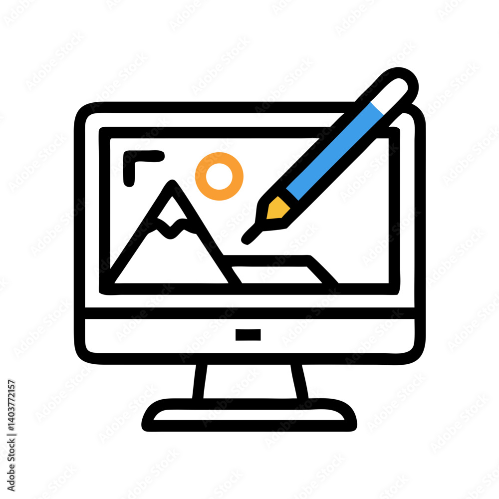 Poster Monitor with Image and Brush Icon Representing Graphic Editing and Digital Art Creation
