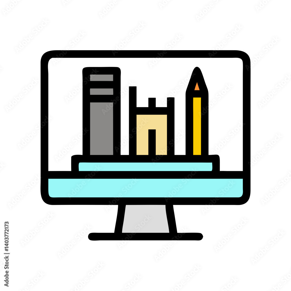 Poster Monitor with Pencil Case Icon Representing Design Tools and Digital Creativity Workspace