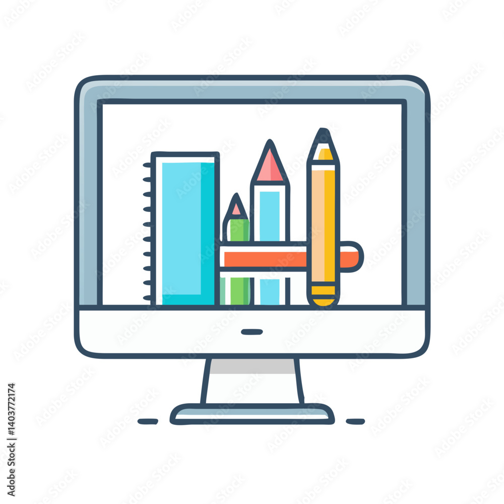 Poster Monitor with Pencil Case Icon Representing Design Tools and Digital Creativity Workspace