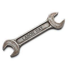full Old wrench  with the words Labor Day stamped into the metal isolated on white baground.