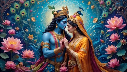 Romantic Krishna Radha Painting Blue Gods Lotus Flowers