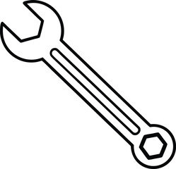 Spanner Line Art, Isolated Wrench Icon, Black and White Outline on Transparent
