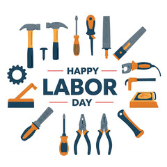 Happy Labor Day celebrating banner with silhouettes of workers tools hammer, screwdriver, pliers, file, soldering iron, pliers, awl, isolated on white background.