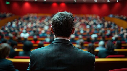 Speaker addressing a large audience in a conference hall