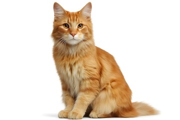 Beautiful fluffy orange cat sitting gracefully on a white background, showcasing its elegant fur and calm expression, perfect for pet and animal photography.