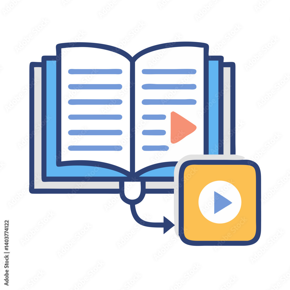Fototapete open book with play icon and mouse representing interactive e-learning and digital education