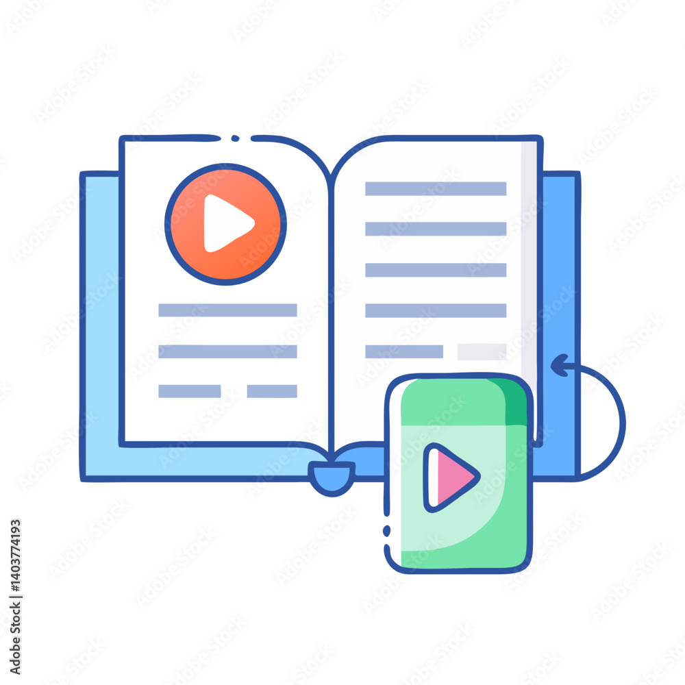 Leinwandbilder open book with play icon and mouse representing interactive e-learning and digital education