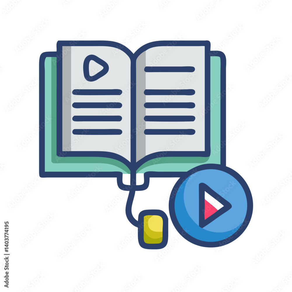Poster Open Book with Play Icon and Mouse Representing Interactive E-Learning and Digital Education