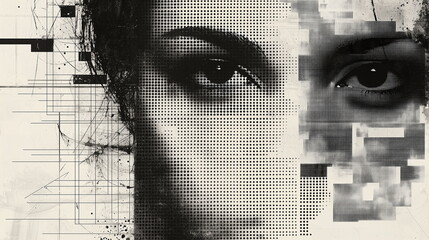 Monochrome halftone dots, retro newspaper print aesthetic