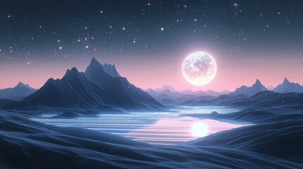 Wireframe digital landscape, futuristic sci-fi horizon with neon lines