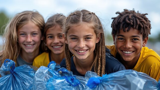 Group of children smiling while participating in outdoor environmental cleanup event