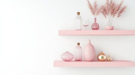 Decorative Display of Elegant Vases and Accessories on Minimalist Shelves With Soft Pink Tones and Floral Accents in a Modern Living Space