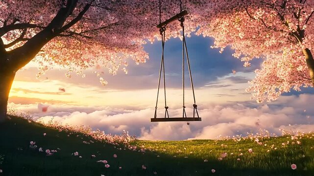 A serene swing hanging from a cherry blossom tree at sunset, surrounded by fluffy clouds and petals