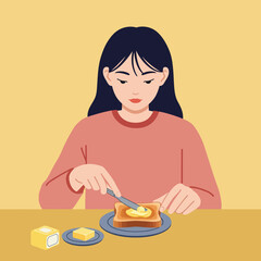 Woman Spreading Butter on Toast in Minimalist Style Vector Art
