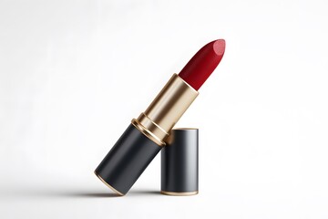 Close-up of a luxurious red lipstick with a sleek black and gold tube, perfect for beauty, cosmetics, makeup, and fashion product photography.