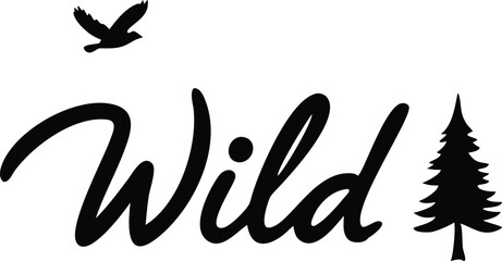 Obraz premium Black Silhouette Wild Script with Flying Bird and Evergreen Tree on Transparent