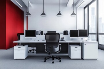 Modern office workspace with red accent wall.  A minimalist, bright, and efficient office layout features rows of white desks with black chairs, computer monitors, and storage.  