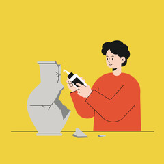 Person repairing broken pottery with glue in flat vector art