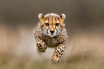 Obraz premium Baby cheetah runs swiftly across the grassy plains in an energetic display of youthful agility and spirit