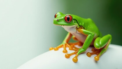 Obraz premium Green tree frog perched on white, vibrant skin, frog, photography