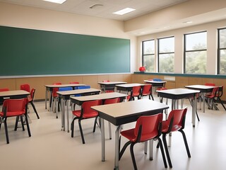 Modern Empty Classroom with Chairs, Tables and Blackboard