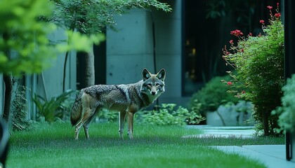 Coywolf in Backyard Garden